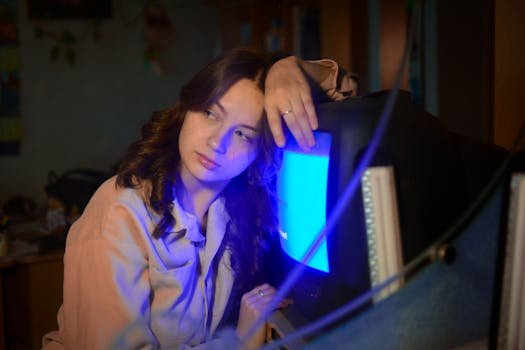 A woman sits indoors, gazing thoughtfully at a vintage television emitting a blue glow.