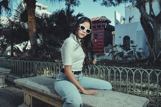 Stylish woman in sunglasses sitting on a bench in a sunny park.