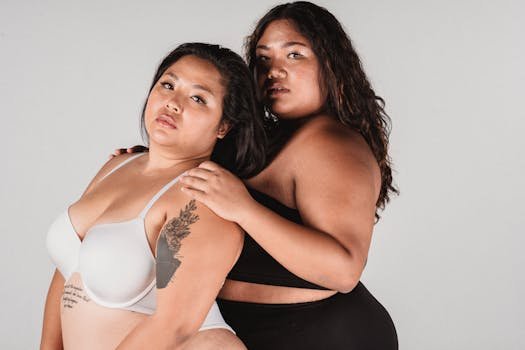 Overweight Asian woman in underwear standing behind back with hands on shoulder of plus size female model while looking at camera