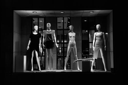Elegant fashion mannequins showcased in a monochrome boutique window display.