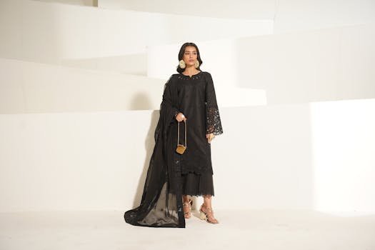 A fashion model in black eastern attire poses elegantly with a minimalist background.