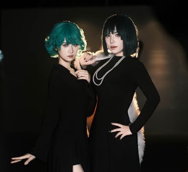 Two fashionable women in black outfits, one with teal hair, posing stylishly indoors.