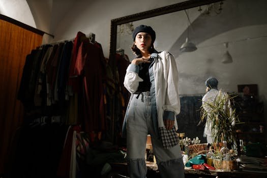 Ghidul Esențial: Cum să Alegi Lenjeria Intimă Perfectă și Îmbrăcămintea Feminină Potrivită pentru Fiecare Siluetă 2 Stylish woman in beret and denim poses indoors, reflected in a large mirror creating a chic fashion scene.