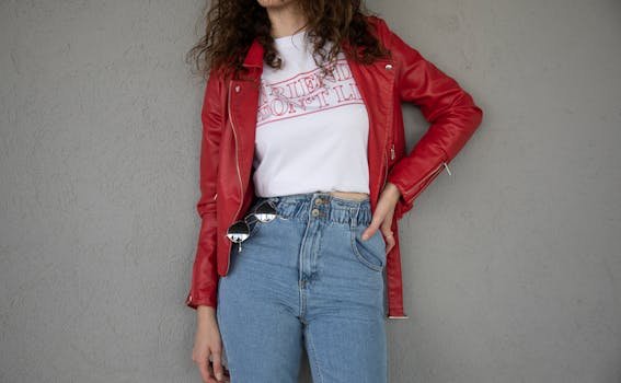 Ghidul Esențial: Cum să Alegi Lenjeria Intimă Perfectă și Îmbrăcămintea Feminină Potrivită pentru Fiecare Siluetă 3 Fashionable woman in red jacket and jeans posing against a gray wall, showcasing casual style.
