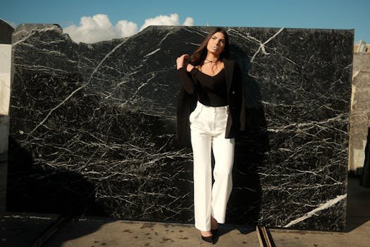 Fashionable woman in black top and white pants posing in sunlight against a striking black marble background.