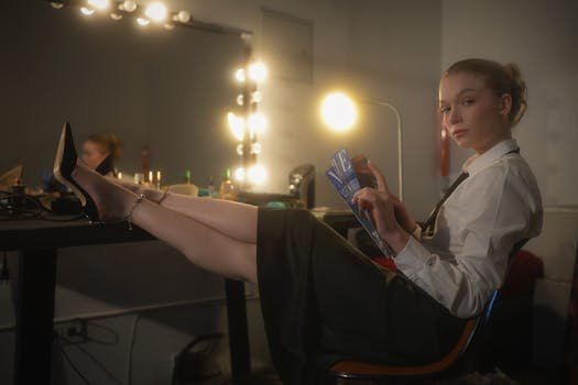 A young woman in a dressing room reading a magazine with feet up on a vanity desk.
