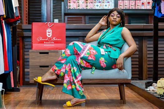 Stylish African woman posing in vibrant floral outfit in a Brazzaville boutique.
