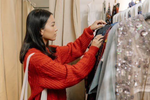 A fashionable Asian woman chooses clothes from a rack in a store, emphasizing style and choice.