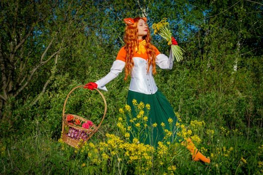 Ghid complet: Cum să Integrezi un Corset Vintage cu Balene Metalice într-o Ținută Modernă 4 Woman in cosplay costume holding flowers and basket in a sunny field.